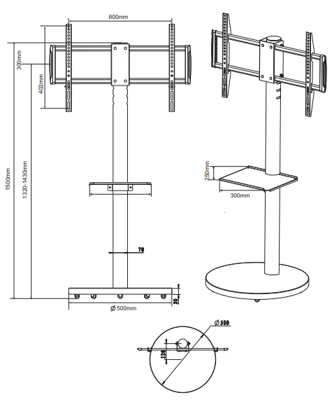 מעמד נייד מוגבה על גלגלים למסך עד 75″ Audio Line AL-95, שרטוט מידות