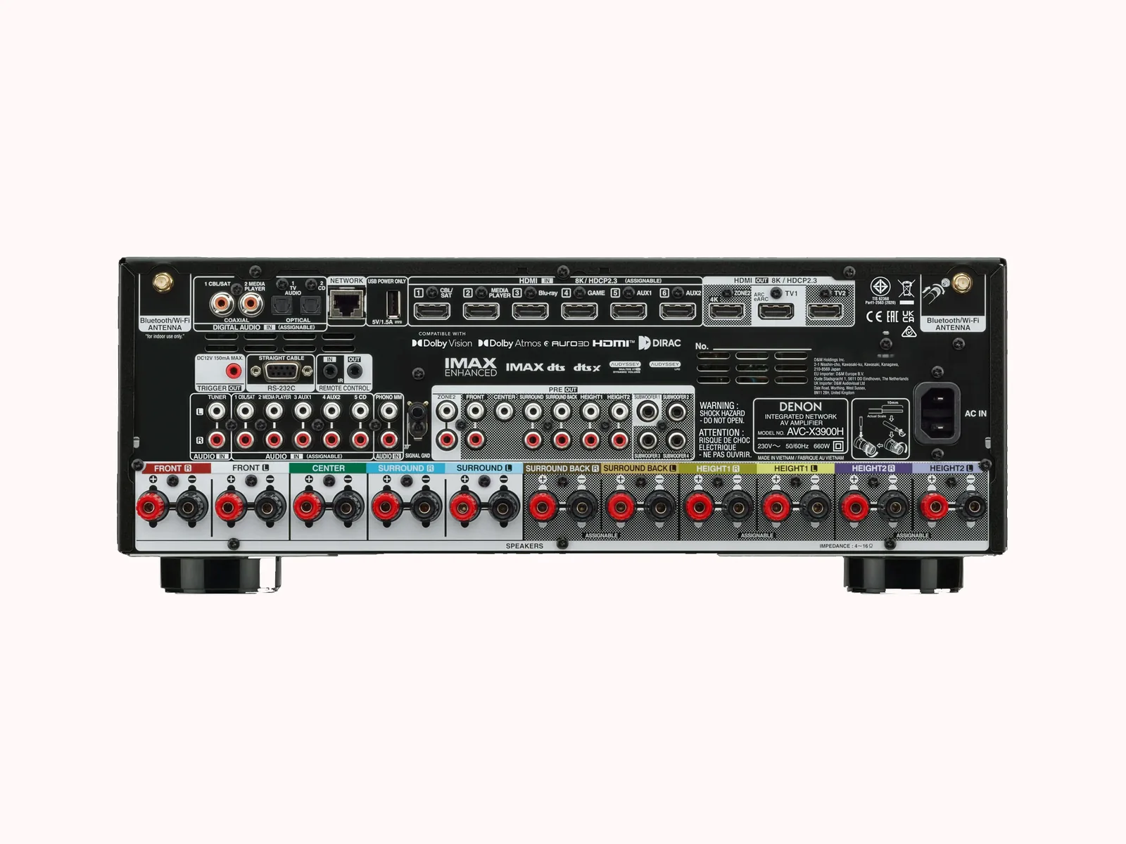 מגבר קולנוע ביתי 9.4 Denon AVC-X3900H, מבט מאחור עם החיבורים