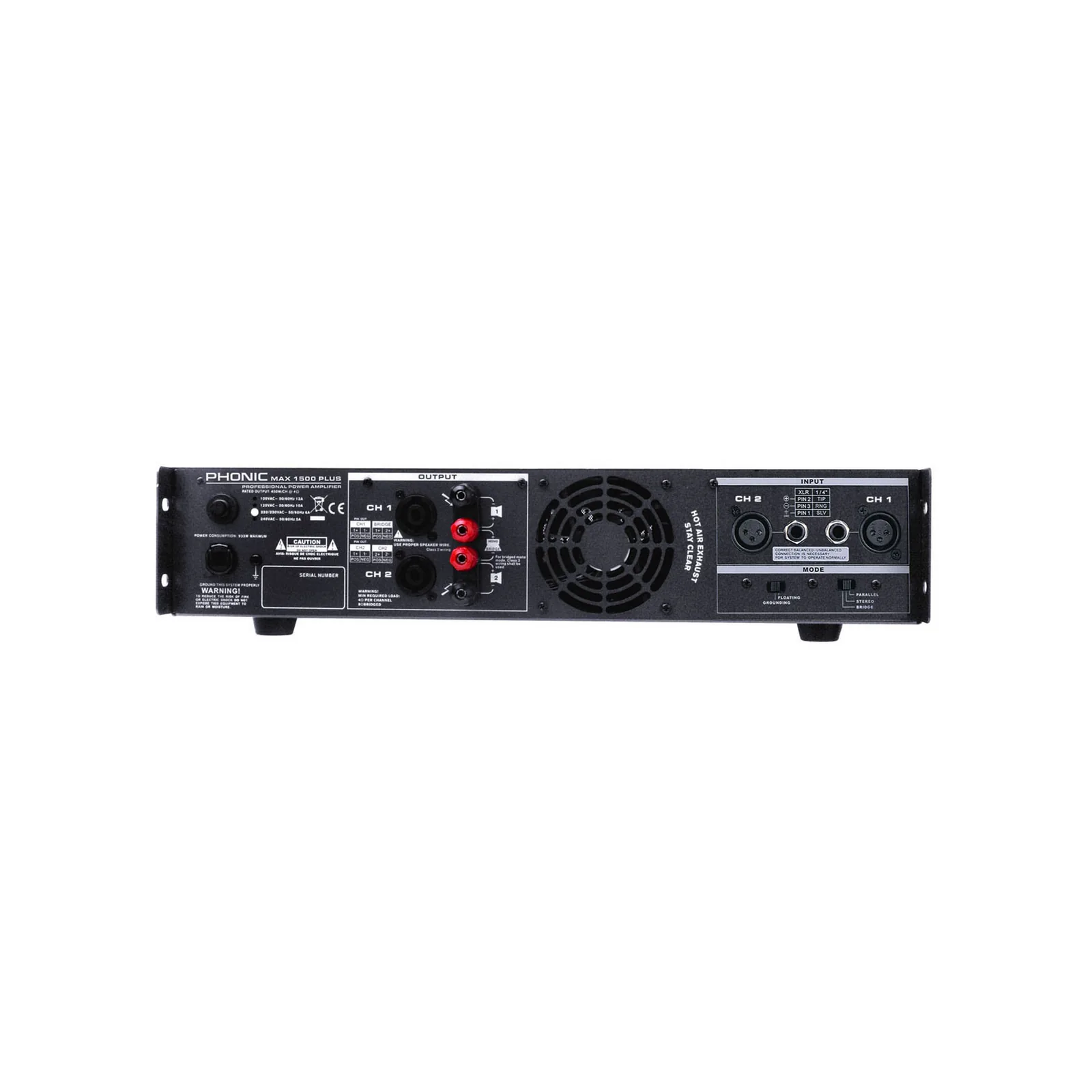 מגבר כוח מקצועי Phonic MAX1500 Plus, מבט מאחור עם החיבורים
