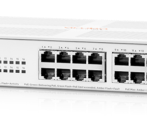 מתג PoE לא מנוהל Aruba Instant On 1430 16G, מבט מלפנים עם 16 היציאות
