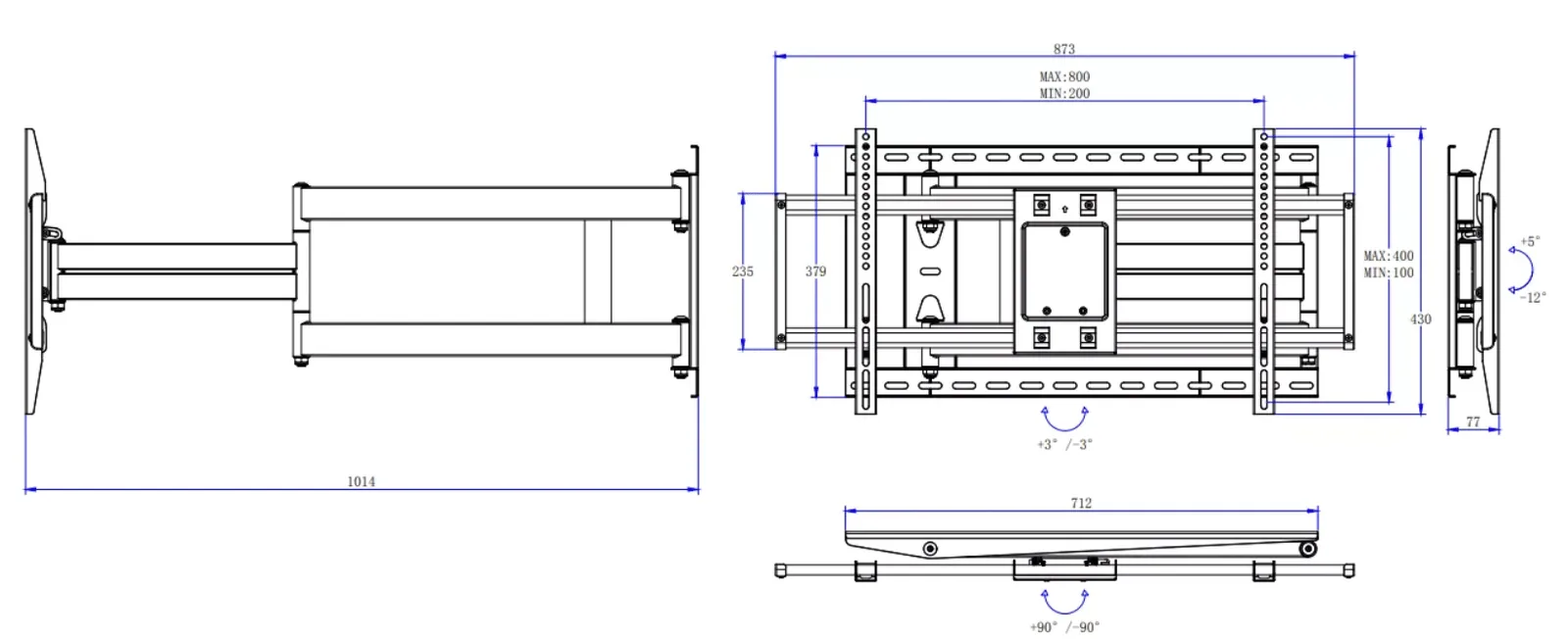 זרוע ארוכה לטלוויזיה Audio Line SP 990, שרטוט מידות