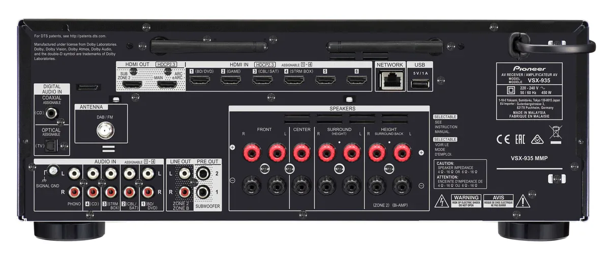 רסיבר קולנוע ביתי 7.2 Pioneer VSX-935, מבט מאחור עם החיבורים