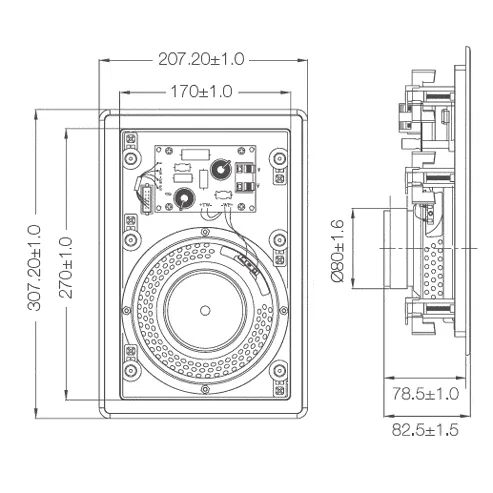 זוג רמקולים שקועים Pure Acoustics WB-656, שרטוט מידות ופתח חיתוך