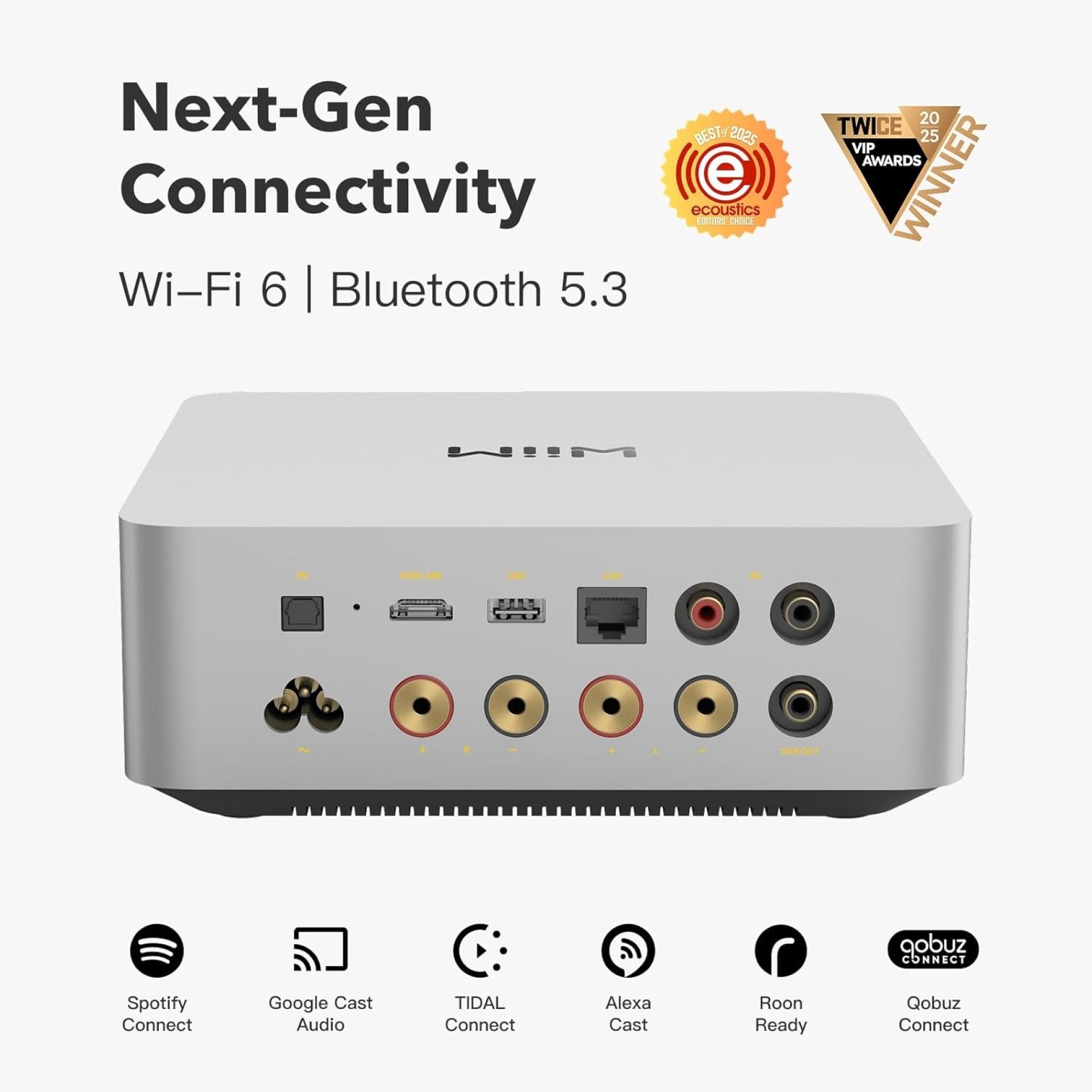מגבר סטרימינג WiiM Amp Ultra, מבט מאחור עם החיבורים