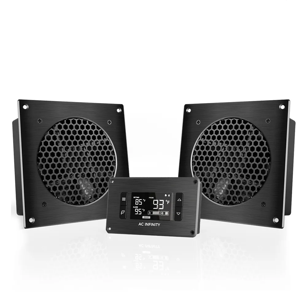 זוג מאווררים לארון AV ובקר טמפרטורה AC Infinity AIRPLATE T8, מבט קדמי