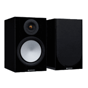 זוג רמקולי מדף Monitor Audio Silver 100, בצבע שחור מבריק, עם גריל ובלעדיו