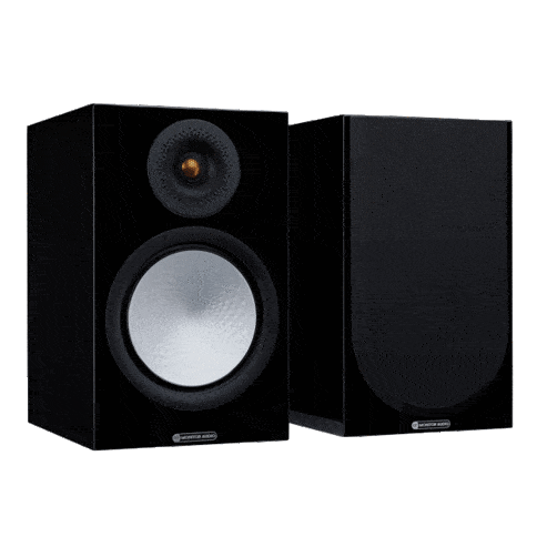זוג רמקולי מדף Monitor Audio Silver 100, בצבע שחור מבריק, עם גריל ובלעדיו