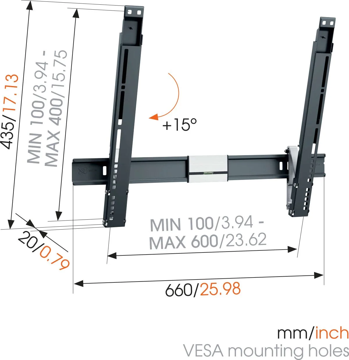 מתקן קיר דק עם הטייה למסך עד 65″ Vogel's THIN 515, שרטוט מידות
