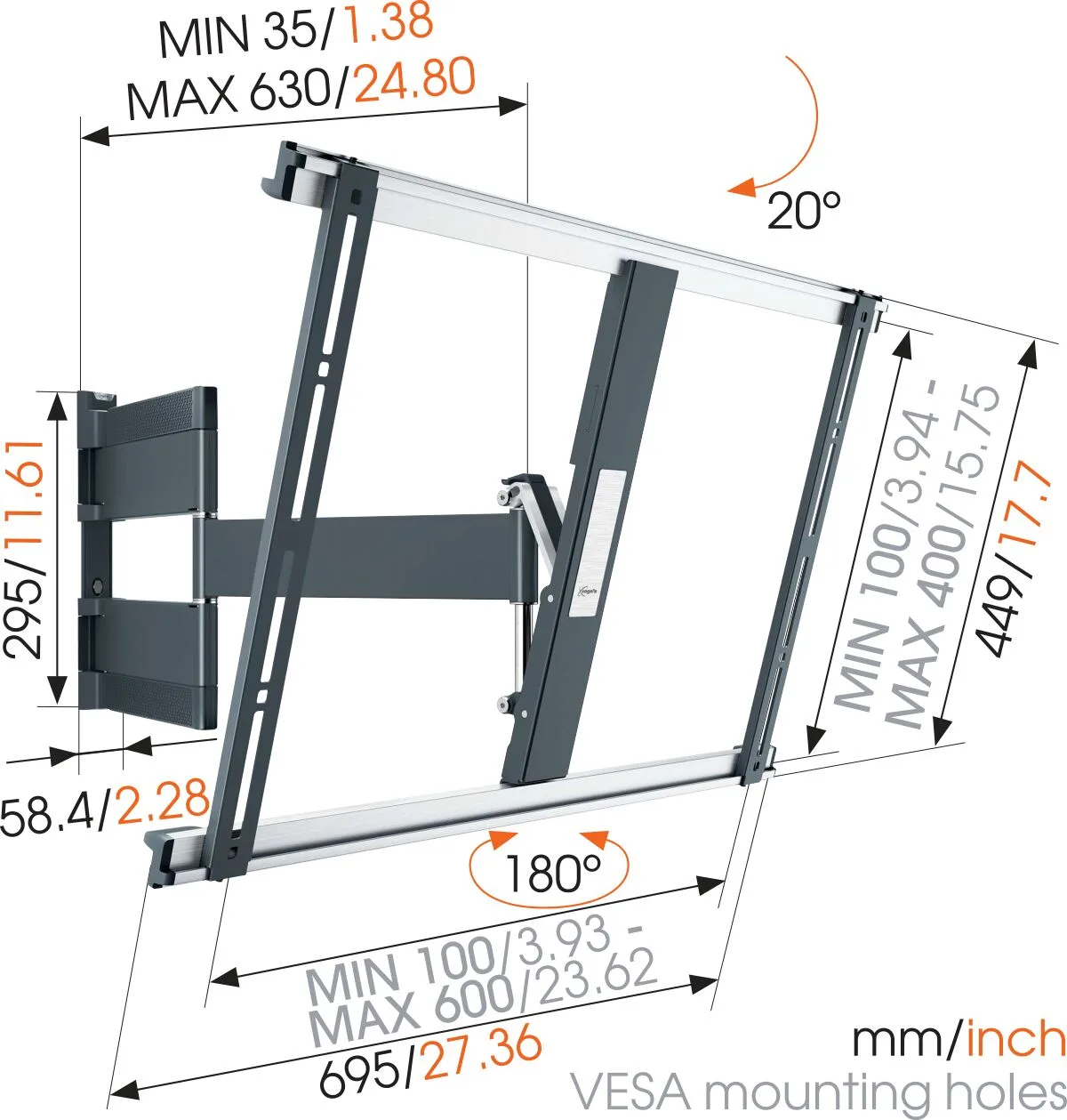 זרוע מפרקית דקה למסך עד 65″ Vogel's THIN 545, שרטוט מידות