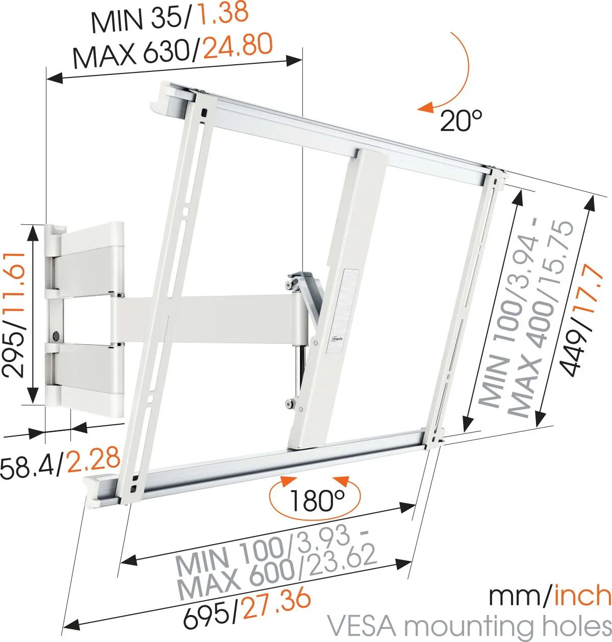 זרוע מפרקית דקה למסך עד 65″ Vogel's THIN 545, שרטוט מידות