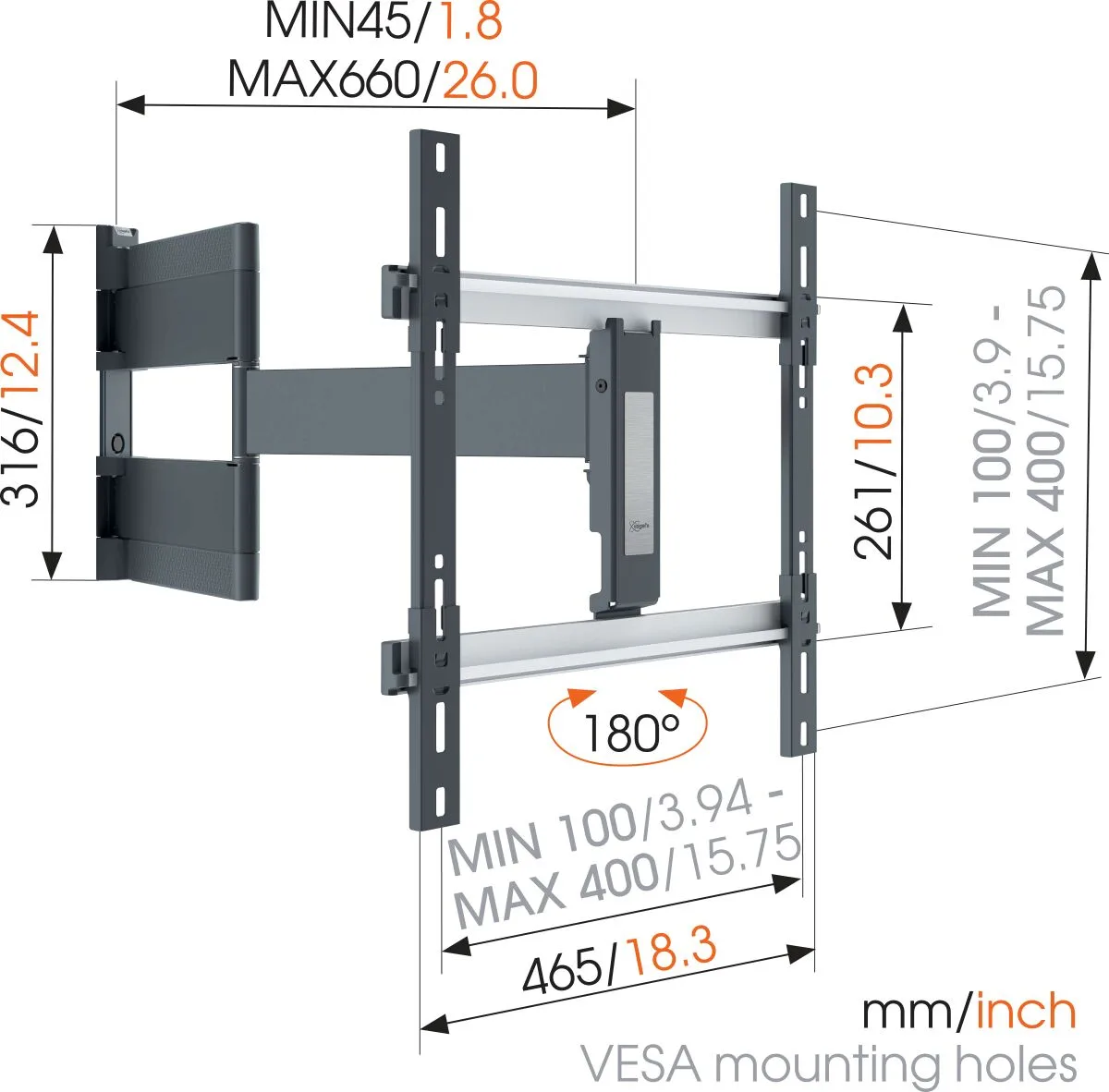 זרוע מפרקית דקה למסכי OLED עד 65″ Vogel's THIN 546, שרטוט מידות