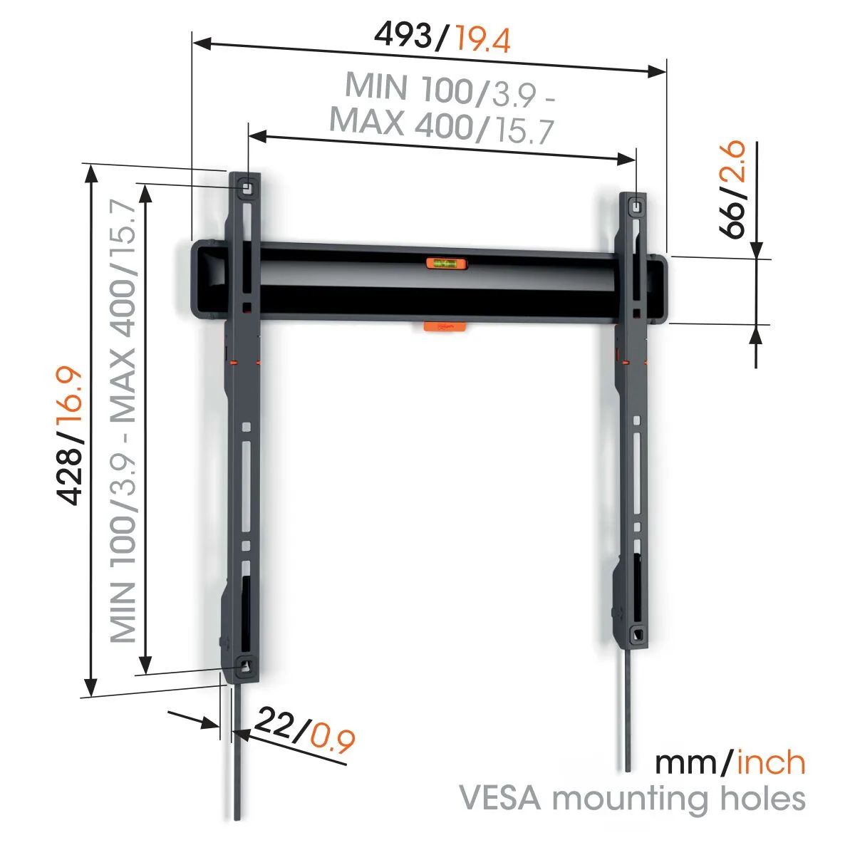 מתקן צמוד קיר למסך עד 77″ Vogel's TVM 3405, שרטוט מידות