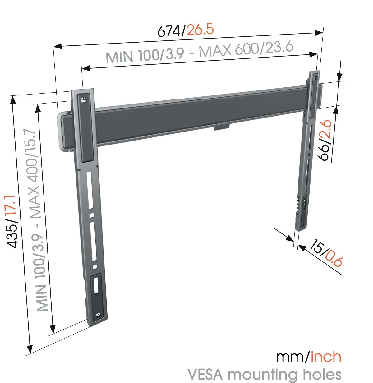 מתקן צמוד קיר למסך עד 100″ Vogel's TVM 5605, שרטוט מידות