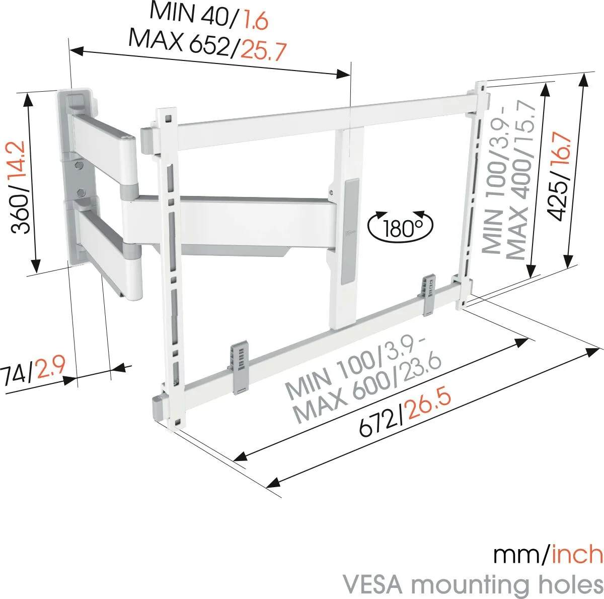 זרוע מפרקית למסך עד 77″ Vogel's TVM 5645 לבן, שרטוט מידות