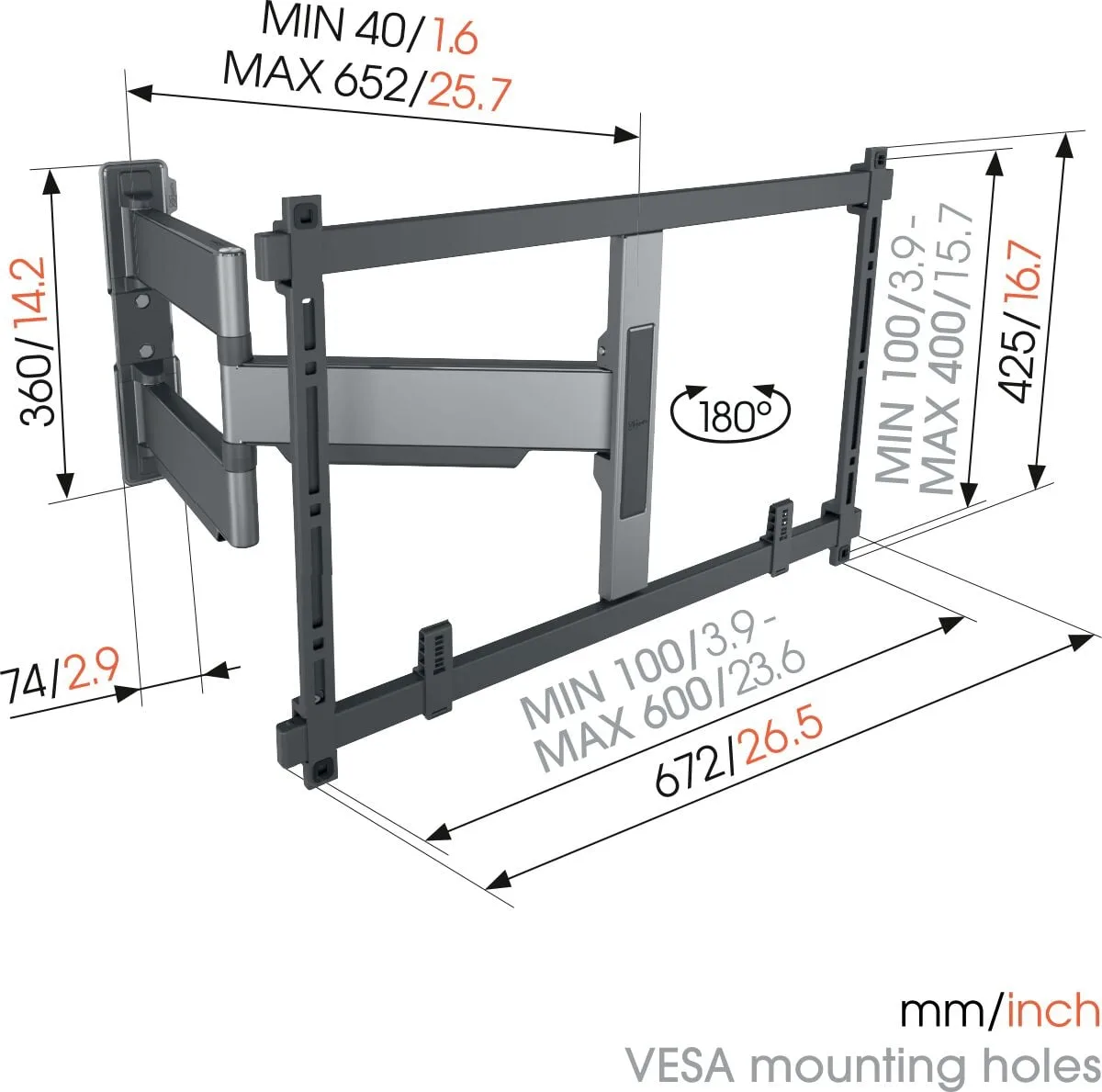 זרוע מפרקית למסך עד 77″ Vogel's TVM 5645, שרטוט מידות
