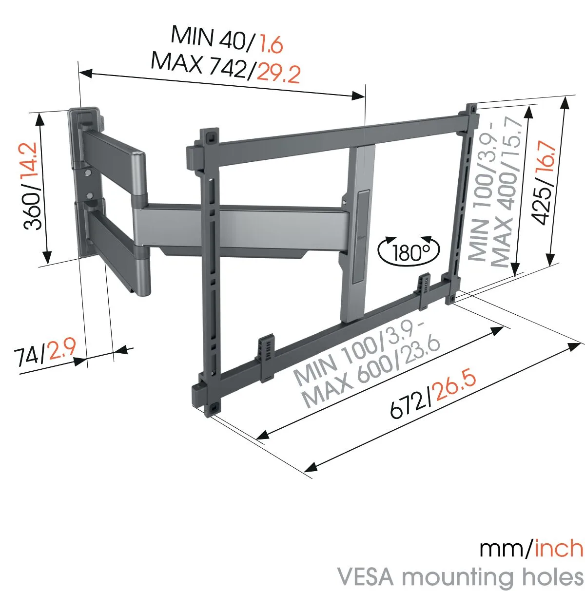 זרוע מפרקית למסך עד 100″ Vogel's TVM 5845, שרטוט מידות