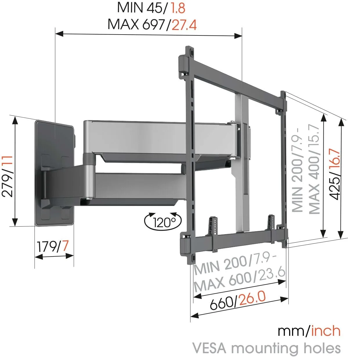 זרוע מפרקית למסך עד 100″ Vogel's TVM 5855, שרטוט מידות