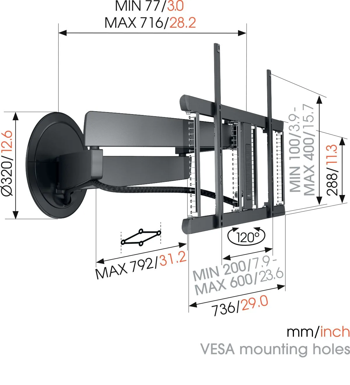 זרוע מפרקית למסך עד 77″ Vogel's TVM 7655, שרטוט מידות