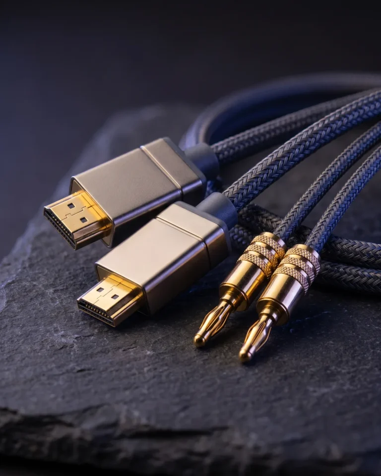 תקריב על כבלי HDMI ורמקולים עם מחברים מוזהבים